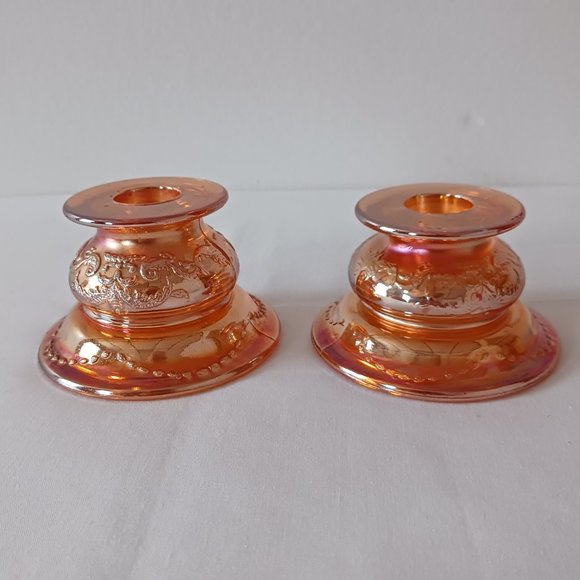Federal Glass Madrid Pattern Pair Candlesticks Candle Holder Marigold Iridescent - Picture 1 of 4